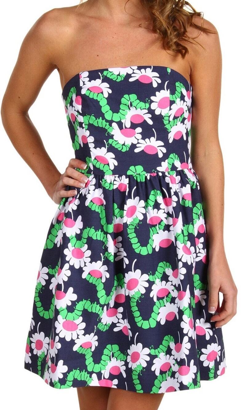 Lilly Pulitzer Lottie Bright Navy Yum Yum Floral Vintage Slub Strapless Dress 8